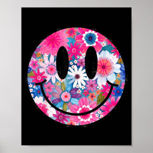 Retro Happy Flowers Smile Face Groovy Boho Design Poster