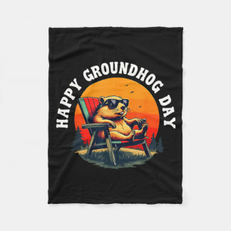 Retro Happy Groundhog Day Funny Ground Hog Sunset  Fleece Blanket