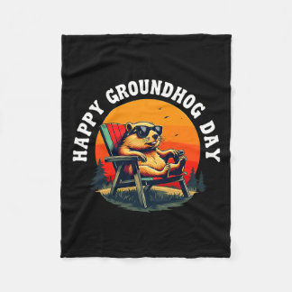 Retro Happy Groundhog Day Funny Ground Hog Sunset  Fleece Blanket