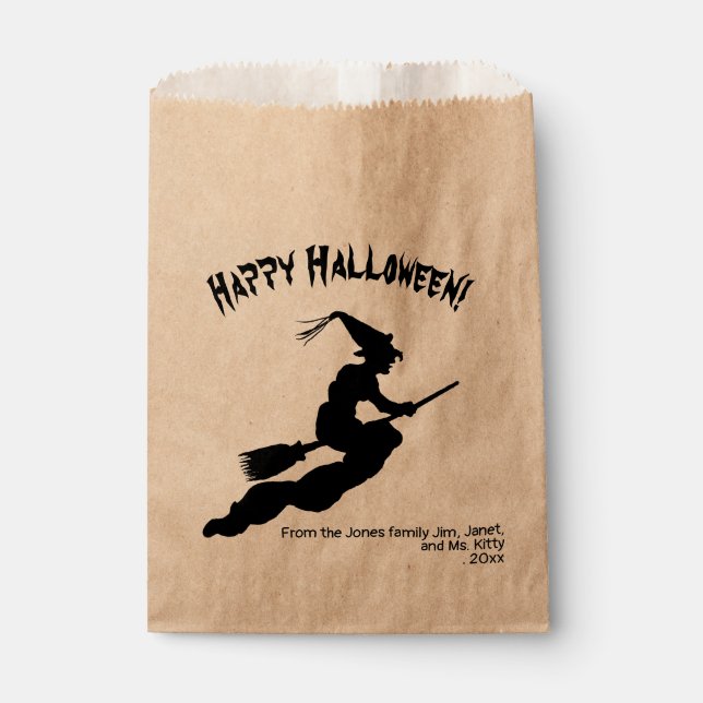 Retro Happy Halloween Witch on a Broom Silhouette Favour Bags (Front)