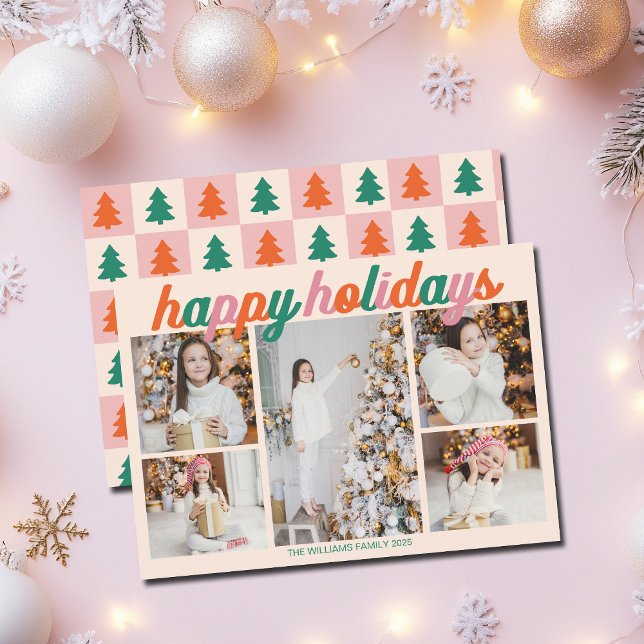 Retro Happy Holidays 5 Photo Collage Ivory Holiday Card (Creator Uploaded)