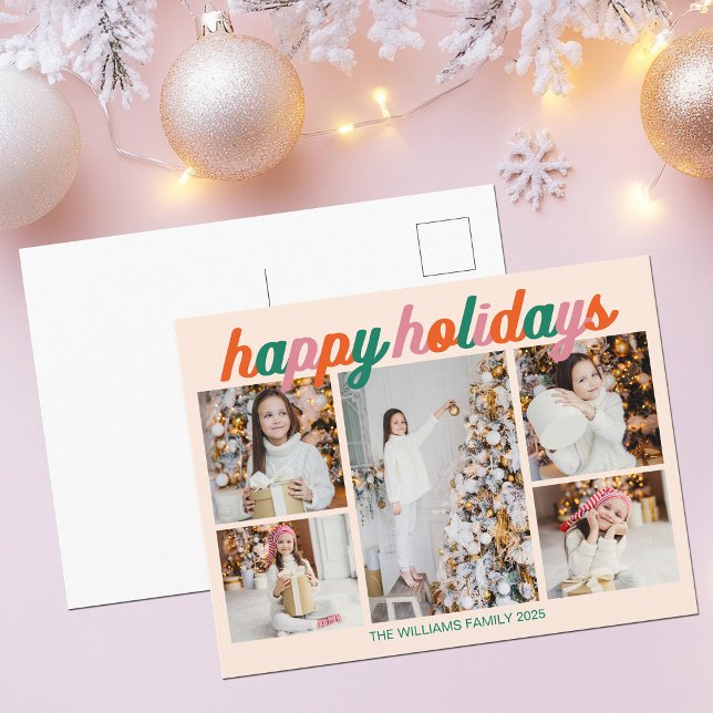 Retro Happy Holidays 5 Photo Collage Ivory Holiday Postcard (Creator Uploaded)