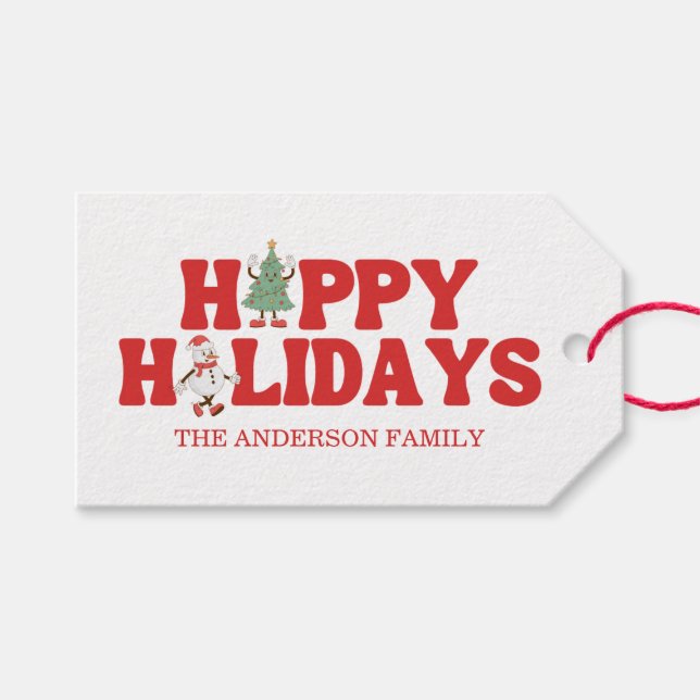 Retro Happy Holidays Christmas Gift Tags (Front (Horizontal))