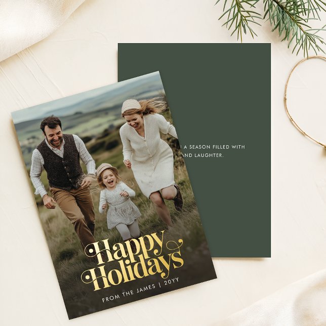 Retro Happy Holidays Christmas Photo Vertical Gold Foil Holiday Card (Creator Uploaded)