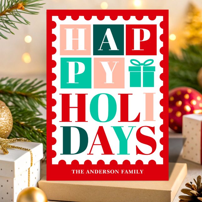 Retro Happy Holidays Christmas Postage Stamp Holiday Card (Creator Uploaded)