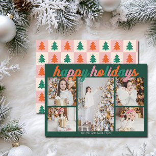 Retro Happy Holidays Cute Green Photo Collage Holiday Card