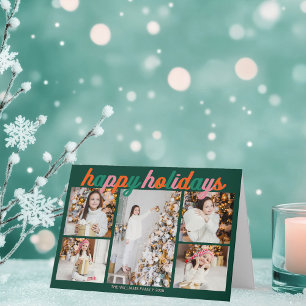 Retro Happy Holidays Cute Green Photo Folded Holiday Card
