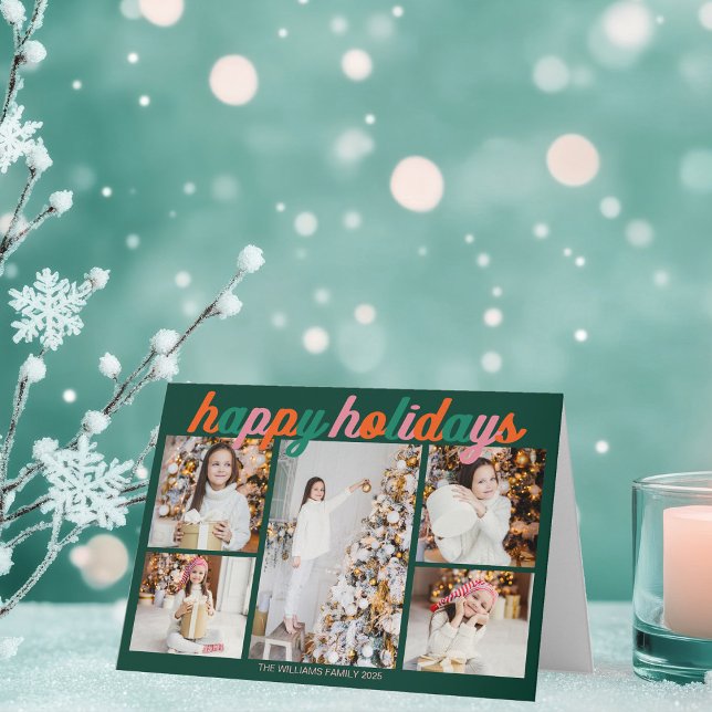 Retro Happy Holidays Cute Green Photo Folded Holiday Card (Creator Uploaded)