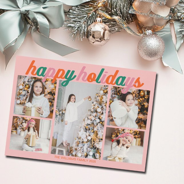 Retro Happy Holidays Pink Photo Collage Holiday Card (Creator Uploaded)