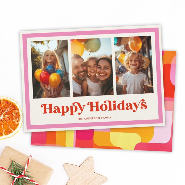Retro Happy Holidays Pink Rainbow Frame 3 Photo Holiday Card (Creator Uploaded)