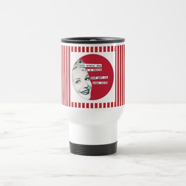 Retro Happy Housewife SMILE Red Stripe Travel Mug (Center)