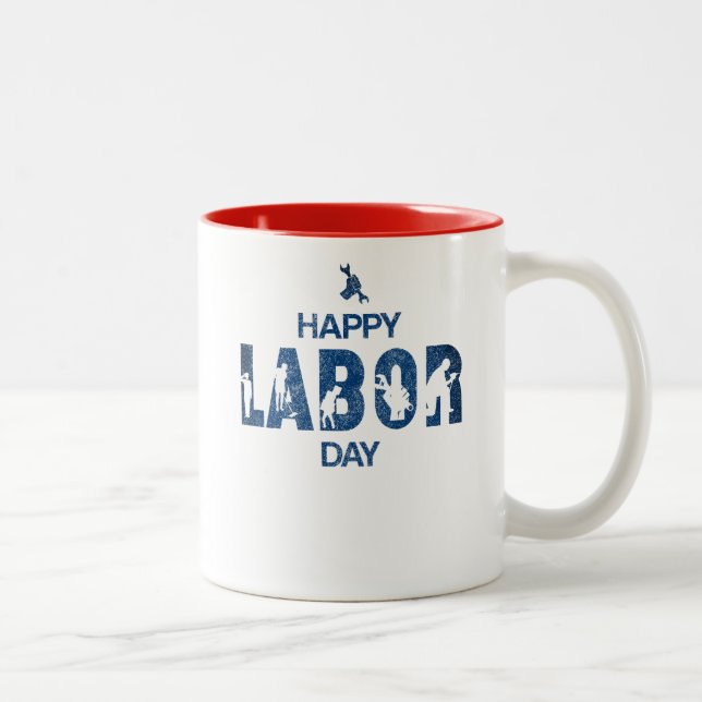 Retro Happy Labour Day In Retro Blue Two-Tone Coffee Mug (Right)
