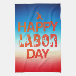 Retro Happy Labour Day In Retro Red Tea Towel