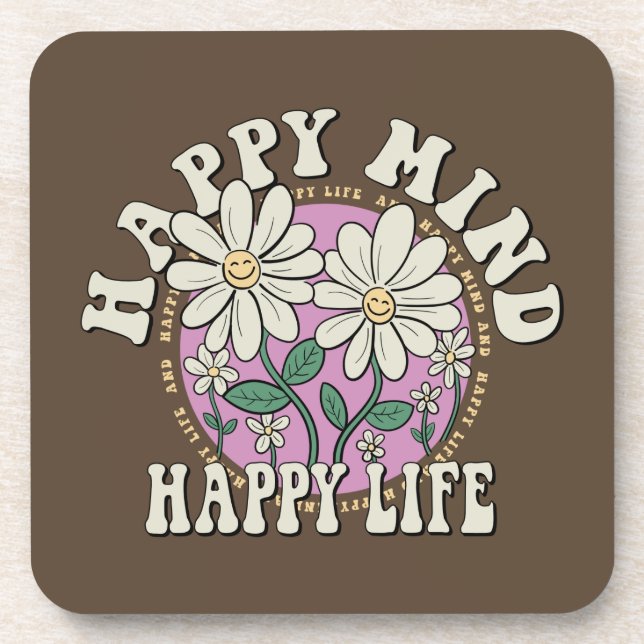 Retro Happy Mind Happy Life Coaster (Front)