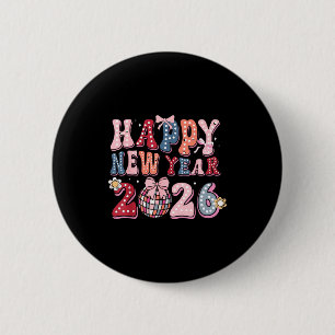 Retro Happy New Year 2026 Coquette Bow Disco Ball 6 Cm Round Badge