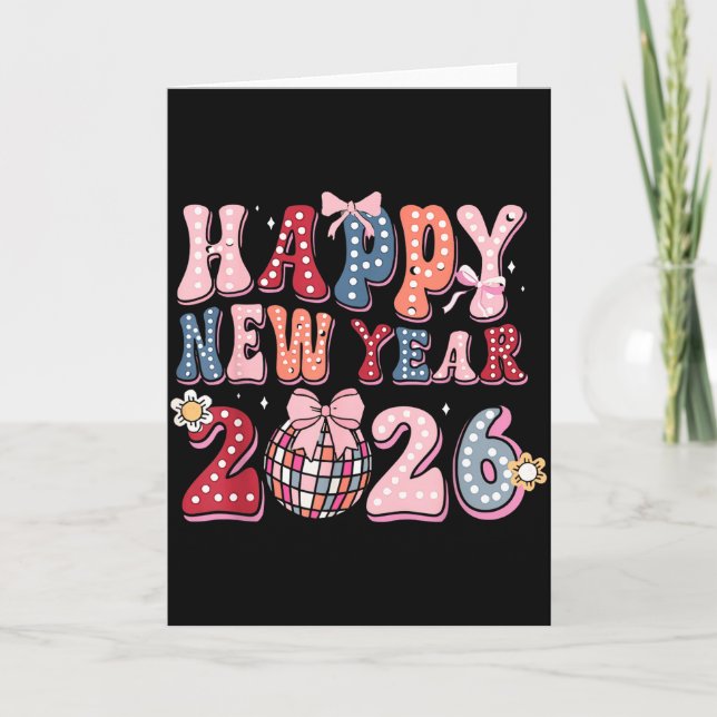 Retro Happy New Year 2026 Coquette Bow Disco Ball  Card (Front)