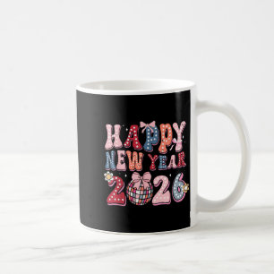 Retro Happy New Year 2026 Coquette Bow Disco Ball Coffee Mug