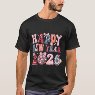 Retro Happy New Year 2026 Coquette Bow Disco Ball T-Shirt