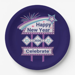 Retro Happy New Year Sign – Celebrate Marquee Paper Plate