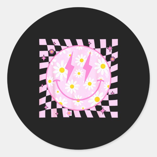 Retro Happy Smile Face Checkered Pattern Nk Daisy  Classic Round Sticker (Front)