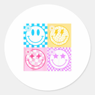 Retro Happy Smile Face Checkered Pattern Vibes Tre Classic Round Sticker