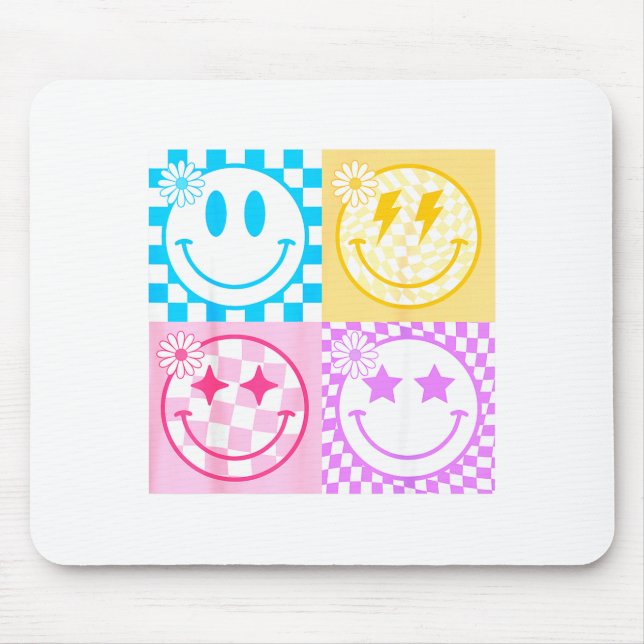 Retro Happy Smile Face Checkered Pattern Vibes Tre Mouse Mat (Front)
