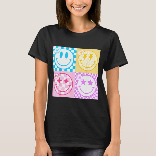 Retro Happy Smile Face Checkered Pattern Vibes Tre T-Shirt (Front)