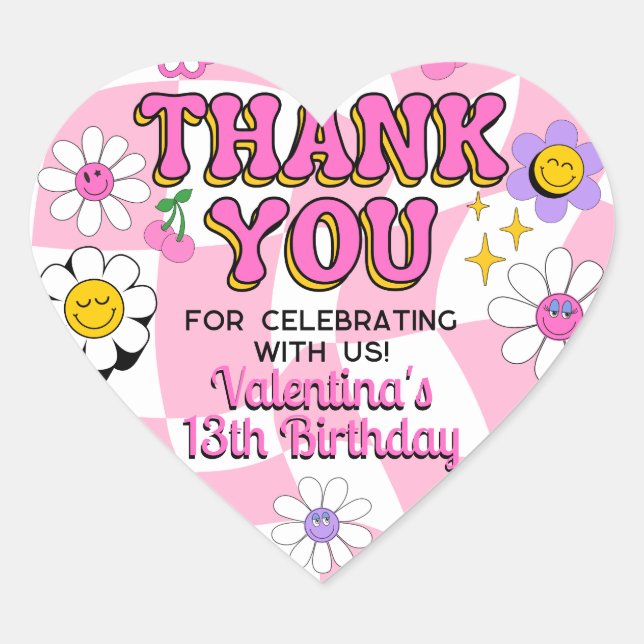 Retro Happy Smile Face Pink Chequered Thank You Heart Sticker (Front)