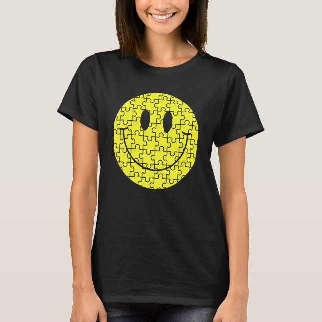 Retro Happy Smile Face Puzzle Pieces Cute Autism A T-Shirt (Front)