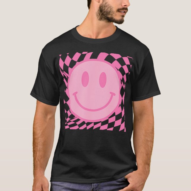 Retro Happy Smile Face Smiling Chequered Pattern P T-Shirt (Front)