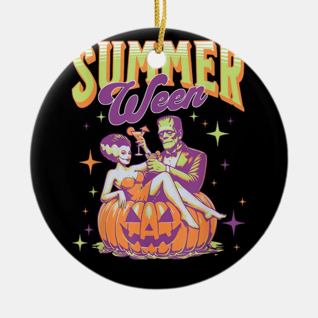 Retro Happy Summerween Funny Frankenstein Monster  Ceramic Tree Decoration (Front)