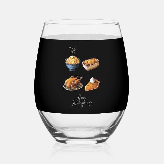 Retro Happy Thanksgiving Fall Pumpkin Pie Stemless Wine Glass (Front)