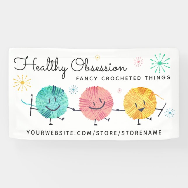 Retro happy yarn balls crochet hooks craft show banner (Horizontal)