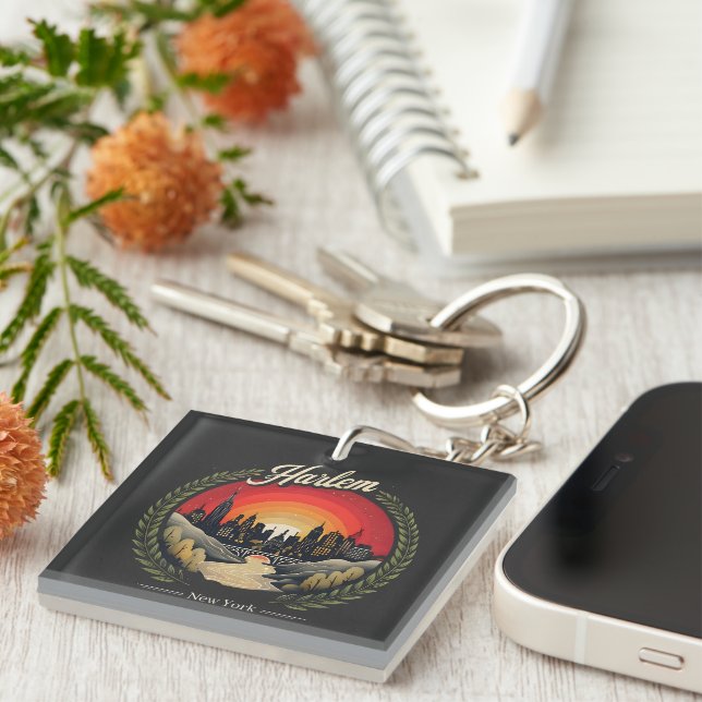 Retro Harlem Sunset: New York City Skyline  Key Ring (Front Right)