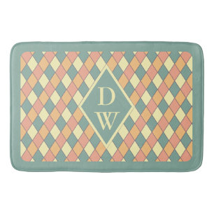 Retro Harlequin Diamond Monogram Bathroom Decor Bath Mat