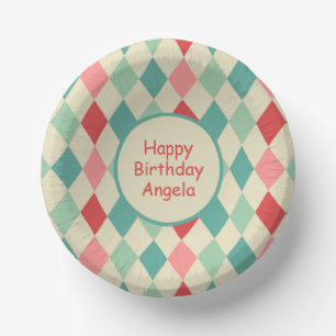 Retro Harlequin Geometric Pattern Custom Birthday Paper Plate
