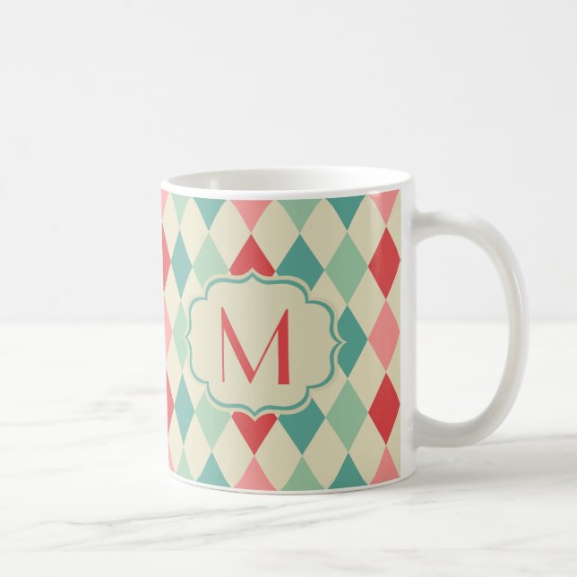 Retro Harlequin Geometric Pattern Monogram Coffee Mug (Right)