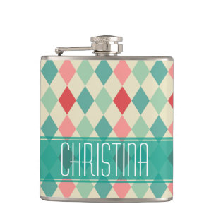Retro Harlequin Geometric Pattern Personalised Hip Flask
