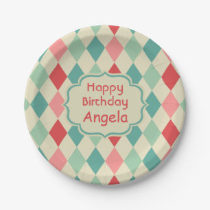 Retro Harlequin Geometric Pattern Personalised Paper Plate