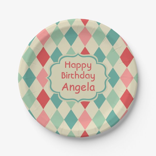 Retro Harlequin Geometric Pattern Personalised Paper Plate (Front)