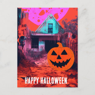  Retro Haunted Halloween House Pink Orange Blue Postcard