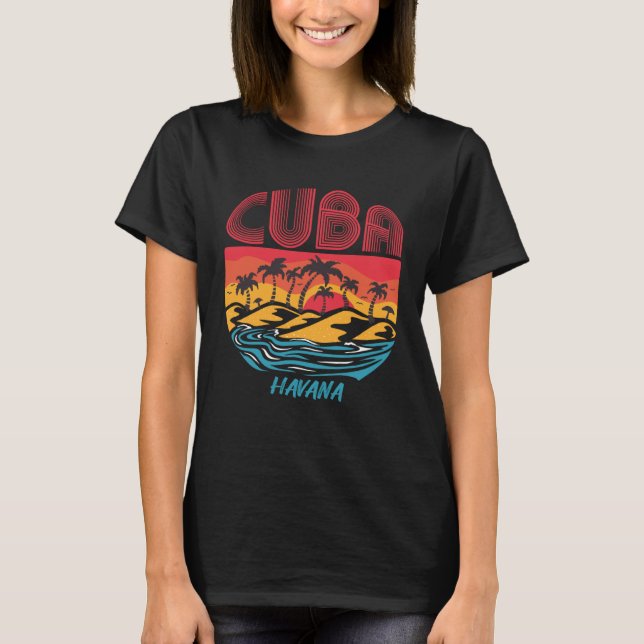Retro Havana Cuba Palm trees Ocean Surfing Hispani T-Shirt (Front)