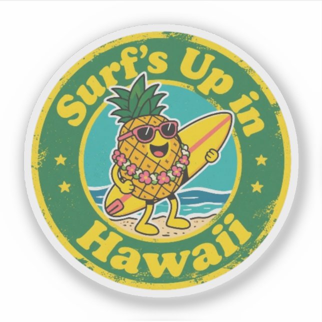 Retro Hawaii Badge-Pineapple with Lei Surfboard (Front)