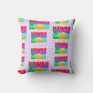 Retro Hawaii Sunset Beach Purple Hibiscus Cushion