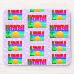 Retro Hawaii Sunset Beach Purple Hibiscus Mouse Mat