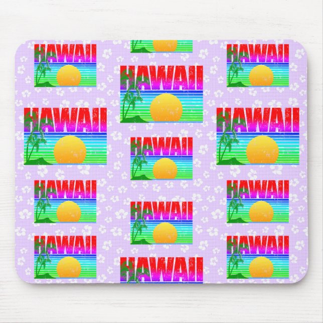 Retro Hawaii Sunset Beach Purple Hibiscus Mouse Mat (Front)