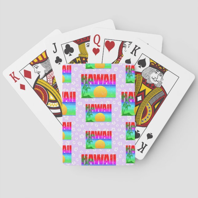 Retro Hawaii Sunset Beach Purple Hibiscus Playing Cards (Back)