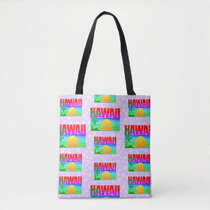Retro Hawaii Sunset Beach Purple Hibiscus Tote Bag