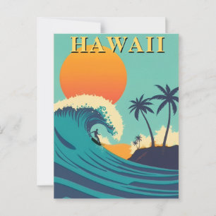 Retro Hawaii Surfing Sunset & Waves Travel Postcard