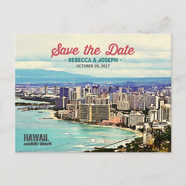 Retro Hawaii Waikiki Beach Photo Save the Date Announcement Postcard (Front)